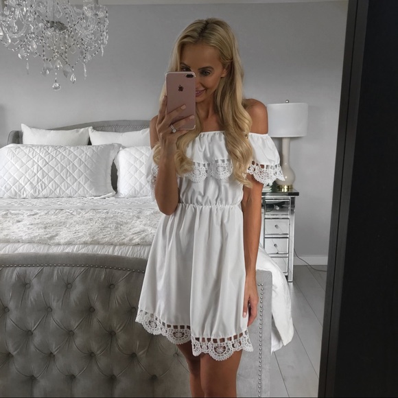 Off The Shoulders Chiffon Lace Mini Vacation Dress - Picture 6 of 6